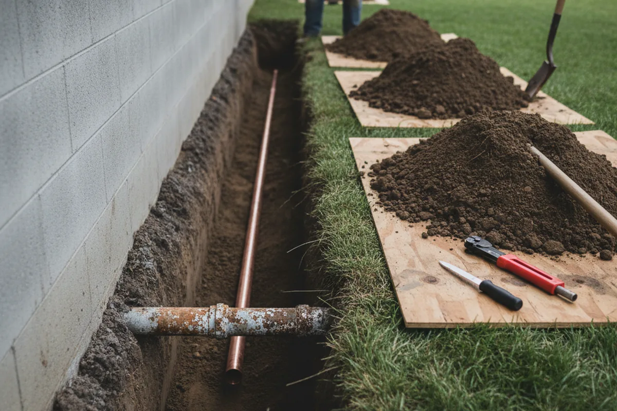 Excavated water line trench during Water Heater Repair in Auburn Hills